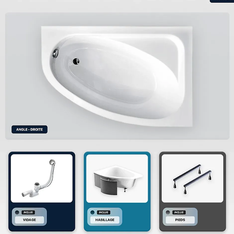 Besco Baignoire asymétrique - 140 x 80 cm - Droite - avec Habillage - Pieds - Vidage Chrome - CORNEA* Baignoire Asymétrique
