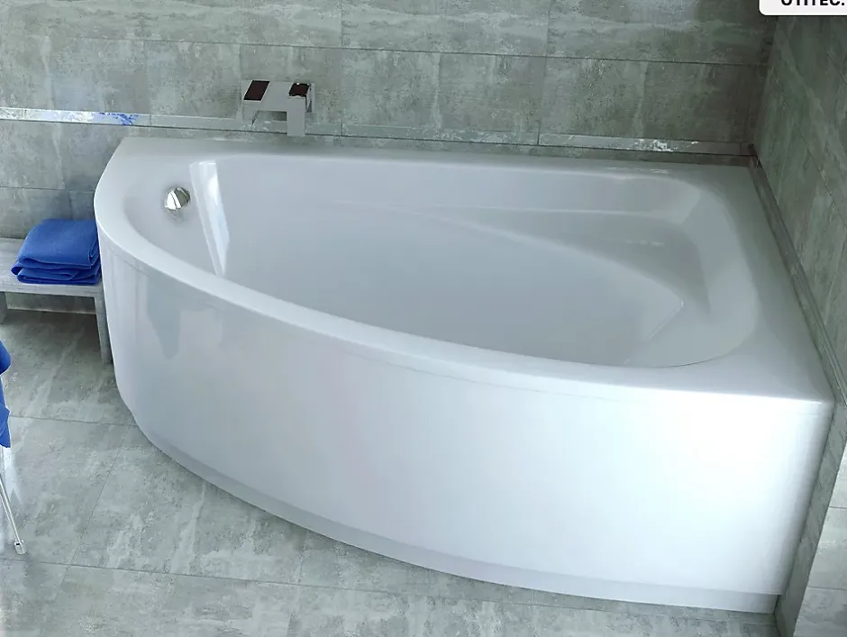 Besco Baignoire asymétrique - 140 x 80 cm - Droite - avec Habillage - Pieds - Vidage Chrome - CORNEA* Baignoire Asymétrique