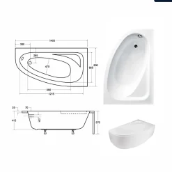 Besco Baignoire asymétrique - 140 x 80 cm - Droite - avec Habillage - Pieds - Vidage Chrome - CORNEA* Baignoire Asymétrique