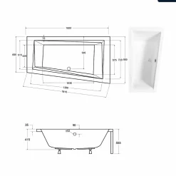 Besco Baignoire asymétrique - 160 x 90 cm - Droite - sans Habillage - avec Pieds - Repose-tête - Vidage Chrome - INTIMA