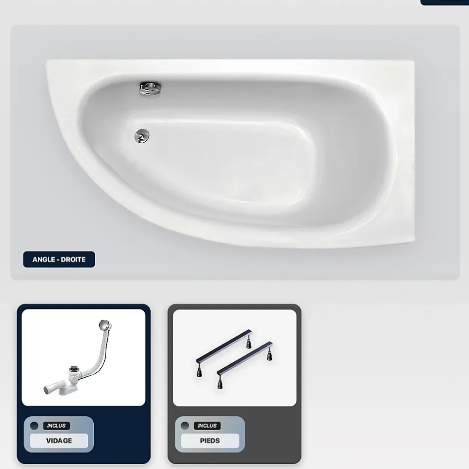 Besco Baignoire asymétrique - 150 x 70 cm - Droite - avec Pieds - Poignées - Repose-tête - Vidage Chrome - MILENA PREMIUM