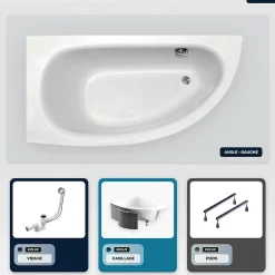 Besco Baignoire asymétrique - 150 x 70 cm - Gauche - avec Habillage - Pieds - Vidage Chrome - MILENA* Baignoire Asymétrique