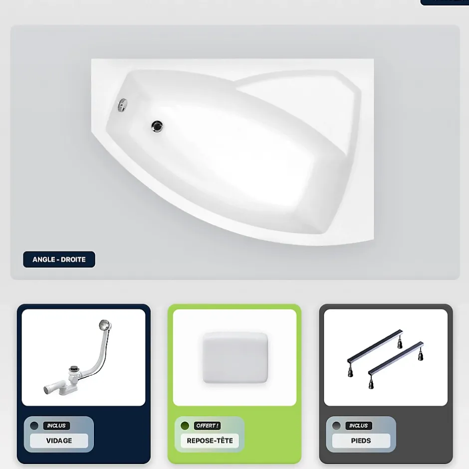 Besco Baignoire asymétrique - 130 x 85 cm - Droite - sans Habillage - avec Pieds - Repose-tête - Vidage Chrome - RIMA* Baignoire Asymétrique