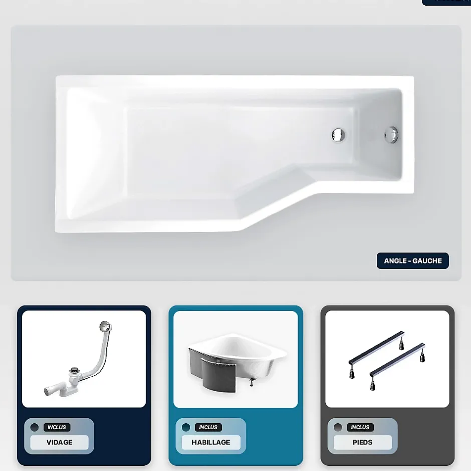 Besco Baignoire asymétrique - 150 x 75 cm - Gauche - avec Habillage - Pieds - Vidage Chrome - INTEGRA