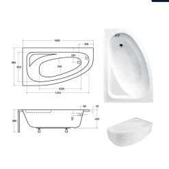 Besco Baignoire asymétrique - 150 x 100 cm - Gauche - avec Habillage - Pieds - Vidage Chrome - CORNEA* Baignoire Asymétrique
