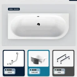 Besco Baignoire asymétrique - 150 x 75 cm - Gauche - avec Habillage - Pieds - Vidage Chrome - AVITA SLIM* Baignoire Asymétrique