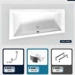 Besco Baignoire asymétrique - 160 x 90 cm - Gauche - avec Habillage - Pieds - Vidage Chrome - INTIMA
