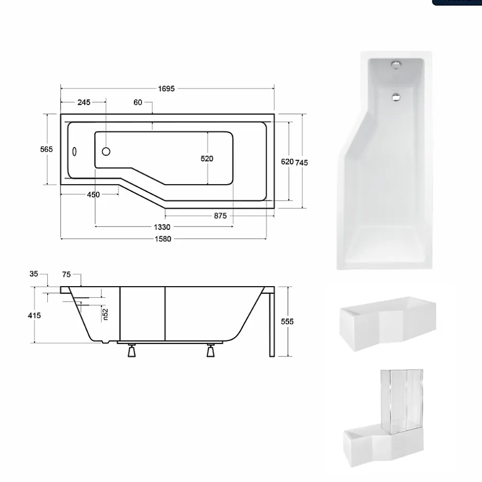 Besco Baignoire asymétrique - 170 x 75 cm - Droite - avec Habillage - Pieds - Pare Baignoire 3 Volets - Vidage Chrome - INTEGRA