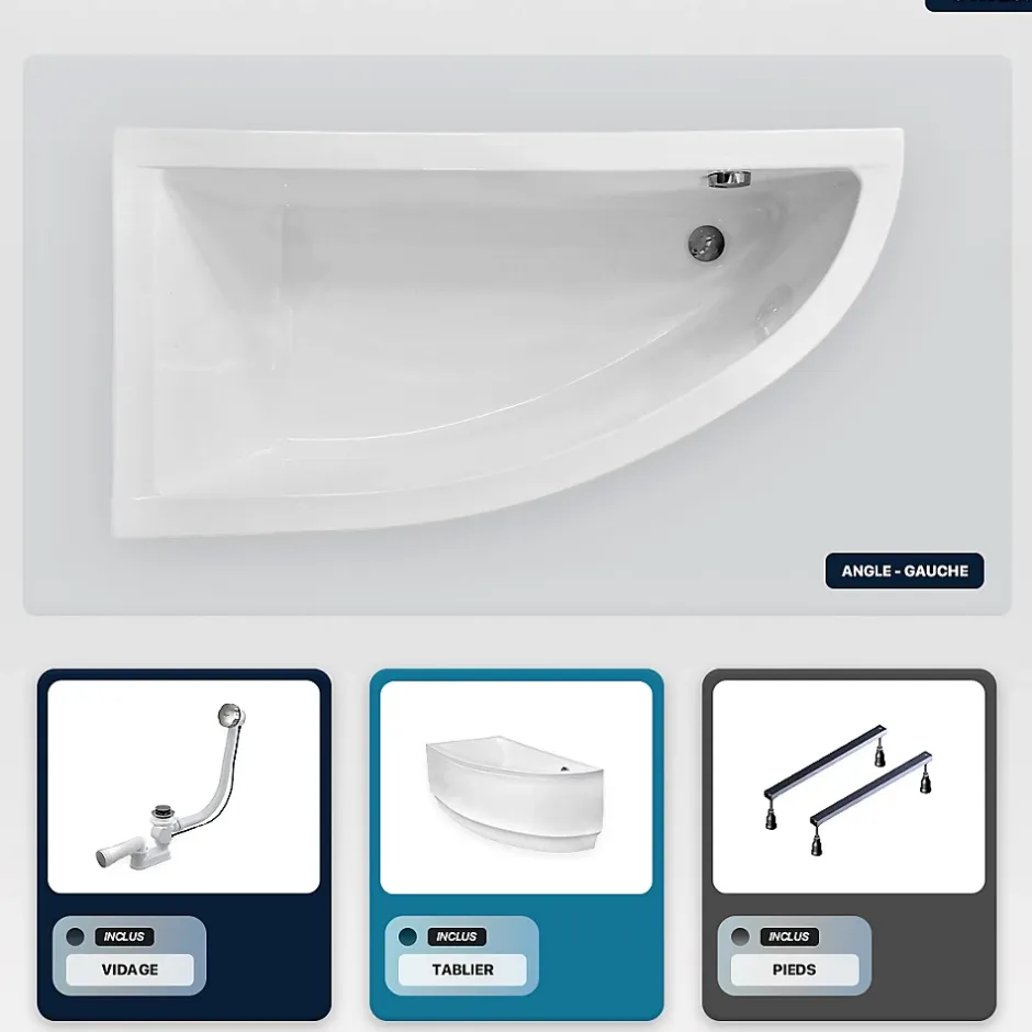 Besco Baignoire asymétrique - 150 x 70 cm - Gauche - avec Tablier - Pieds - Vidage Chrome - PRAKTIKA* Baignoire Asymétrique