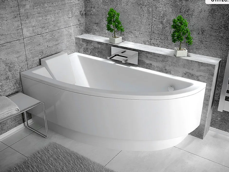 Besco Baignoire asymétrique - 150 x 70 cm - Gauche - avec Tablier - Pieds - Vidage Chrome - PRAKTIKA* Baignoire Asymétrique