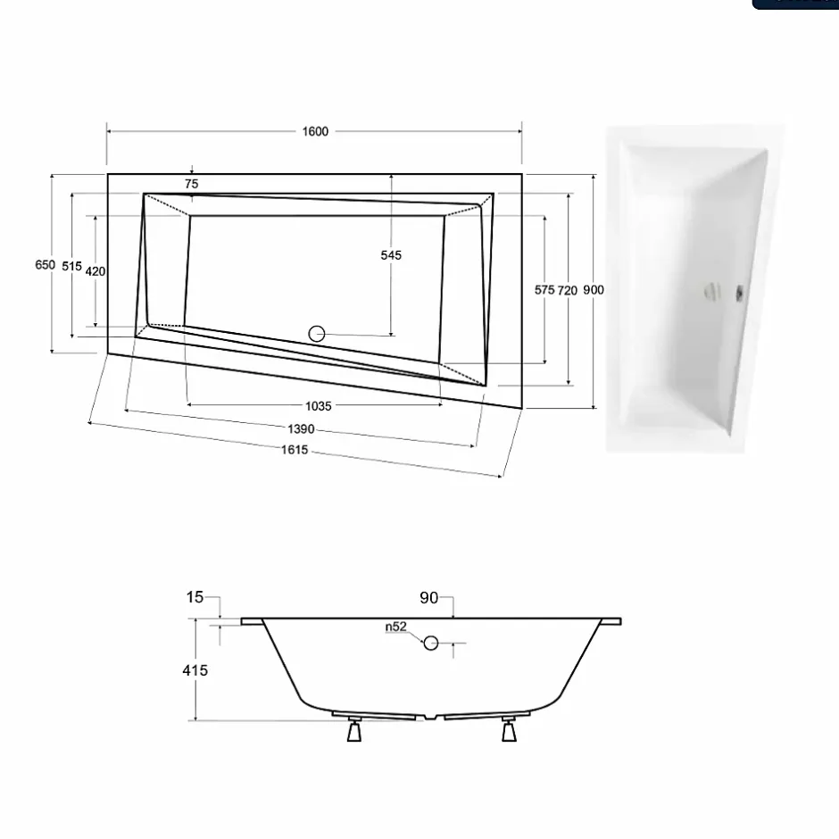 Besco Baignoire asymétrique - 160 x 90 cm - Droite - avec Habillage - Pieds - Vidage Chrome - INTIMA SLIM