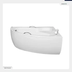 Besco Baignoire asymétrique - 150 x 100 cm - Droite - avec Tablier - Pieds - Poignées - Repose-tête - Vidage Chrome - NATALIA PREMIUM* Baignoire Asymétrique