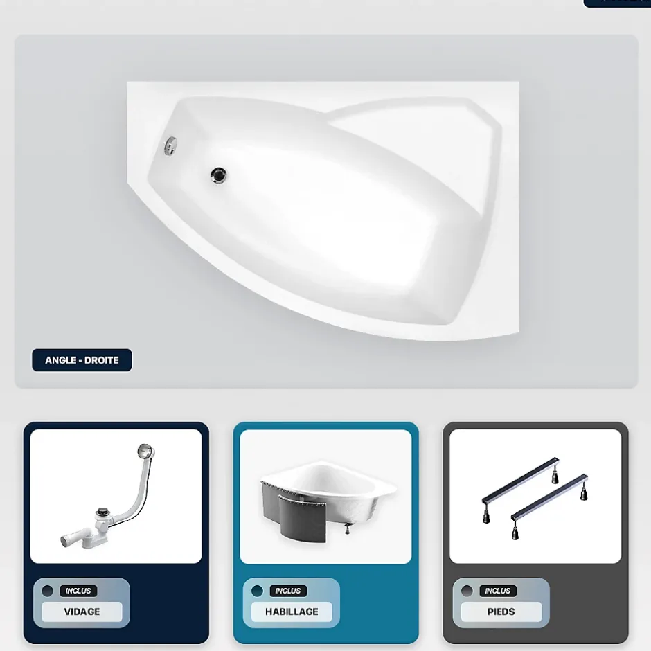 Besco Baignoire asymétrique - 140 x 90 cm - Droite - avec Habillage - Pieds - Vidage Chrome - RIMA