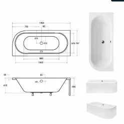 Besco Baignoire asymétrique - 150 x 75 cm - Gauche - avec Habillage - Pieds - Vidage Chrome - AVITA* Baignoire Asymétrique