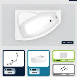 Besco Baignoire asymétrique - 140 x 90 cm - Gauche - avec Tablier - Pieds - Repose-tête - Vidage Chrome - RIMA* Baignoire Asymétrique