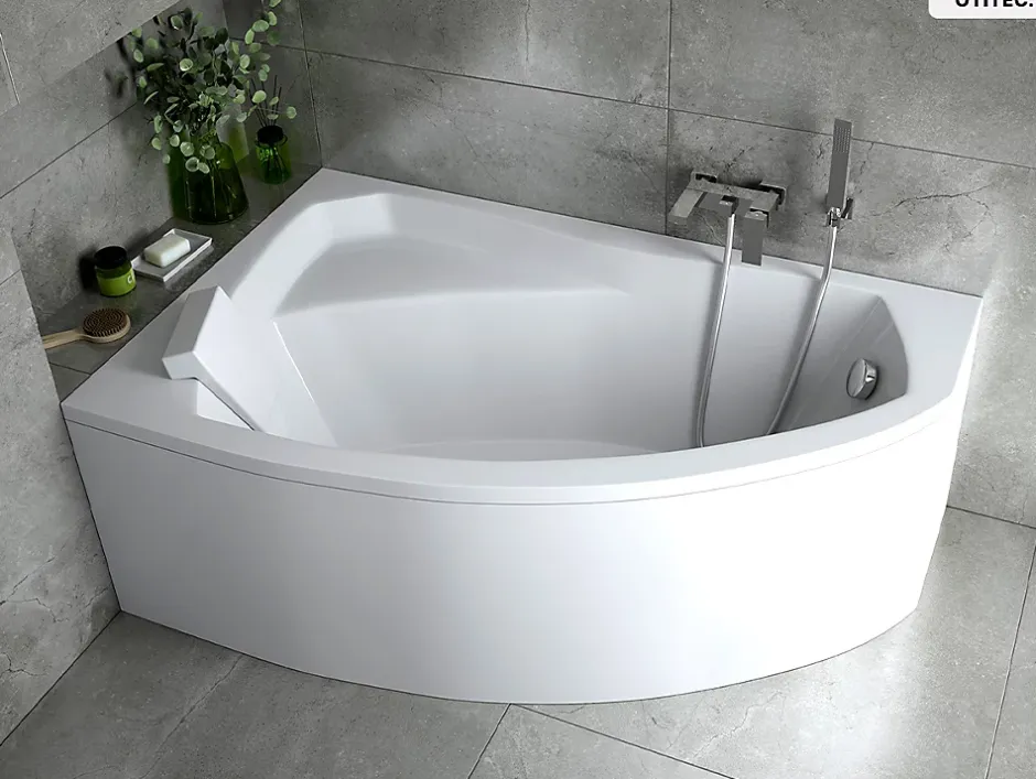 Besco Baignoire asymétrique - 140 x 90 cm - Gauche - avec Tablier - Pieds - Repose-tête - Vidage Chrome - RIMA* Baignoire Asymétrique