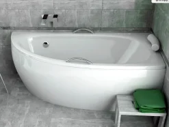 Besco Baignoire asymétrique - 150 x 70 cm - Droite - avec Habillage - Pieds - Poignées - Repose-tête - Vidage Chrome - MILENA PREMIUM* Baignoire Asymétrique