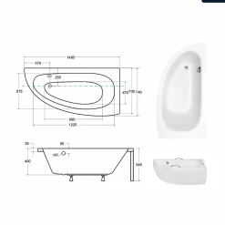 Besco Baignoire asymétrique - 150 x 70 cm - Droite - avec Habillage - Pieds - Poignées - Repose-tête - Vidage Chrome - MILENA PREMIUM* Baignoire Asymétrique
