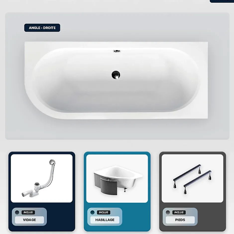 Besco Baignoire asymétrique - 170 x 75 cm - Droite - avec Habillage - Pieds - Vidage Chrome - AVITA