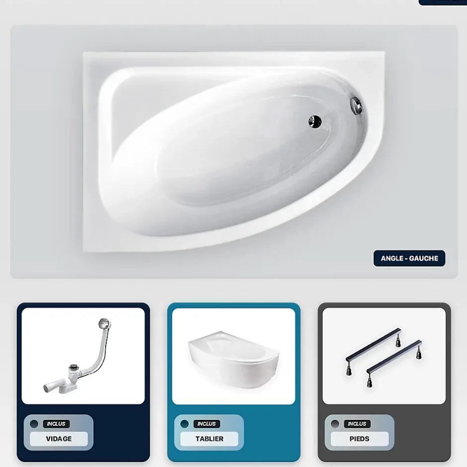Besco Baignoire asymétrique - 150 x 100 cm - Gauche - avec Tablier Blanc - Pieds - Vidage Chrome - CORNEA