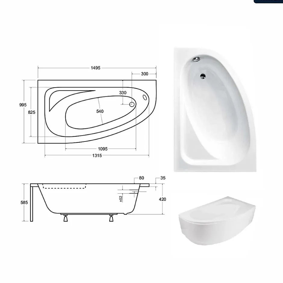 Besco Baignoire asymétrique - 150 x 100 cm - Gauche - avec Tablier Blanc - Pieds - Vidage Chrome - CORNEA