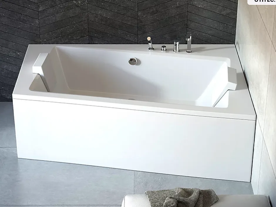 Besco Baignoire asymétrique - 160 x 100 cm - Droite - avec Tablier Blanc - Pieds - Vidage Chrome - INFINITY* Baignoire Asymétrique