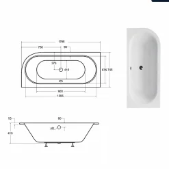 Besco Baignoire asymétrique - 180 x 80 cm - Gauche - sans Habillage - avec Pieds - Vidage Chrome - AVITA SLIM