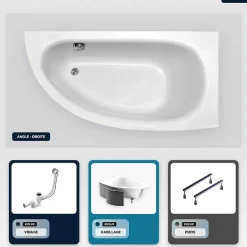 Besco Baignoire asymétrique - 150 x 70 cm - Droite - avec Habillage - Pieds - Vidage Chrome - MILENA