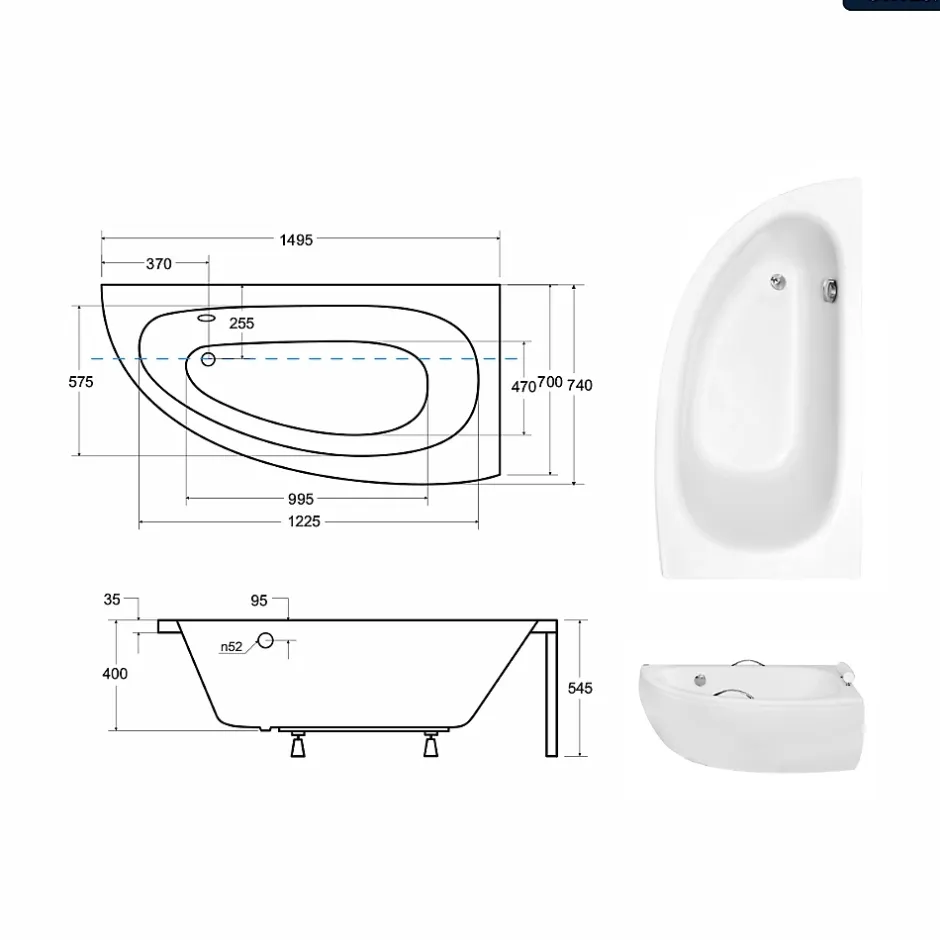Besco Baignoire asymétrique - 150 x 70 cm - Droite - avec Habillage - Pieds - Vidage Chrome - MILENA