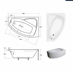 Besco Baignoire asymétrique - 140 x 90 cm - Droite - sans Habillage - avec Pieds - Vidage Chrome - RIMA* Baignoire Asymétrique
