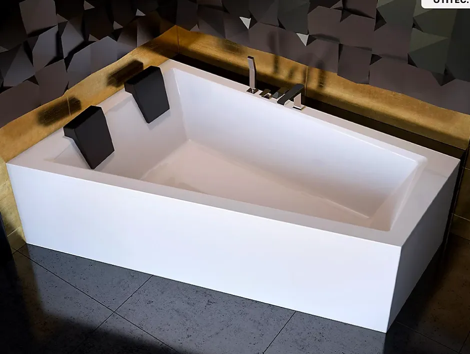 Besco Baignoire asymétrique - 180 x 125 cm - Gauche - sans Habillage - avec Pieds - Étagère bambou - Vidage Chrome - INTIMA DUO