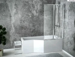 Besco Baignoire asymétrique - 150 x 75 cm - Droite - sans Habillage - avec Pieds - Pare Baignoire 3 Volets - Vidage Chrome - INTEGRA* Baignoire Asymétrique
