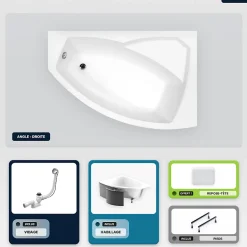 Besco Baignoire asymétrique - 150 x 95 cm - Droite - avec Habillage - Pieds - Repose-tête - Vidage Chrome - RIMA