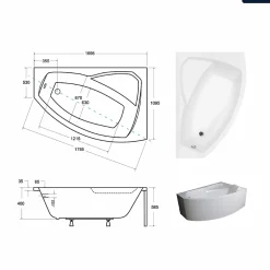 Besco Baignoire asymétrique - 170 x 110 cm - Droite - avec Tablier - Pieds - Vidage Chrome - RIMA