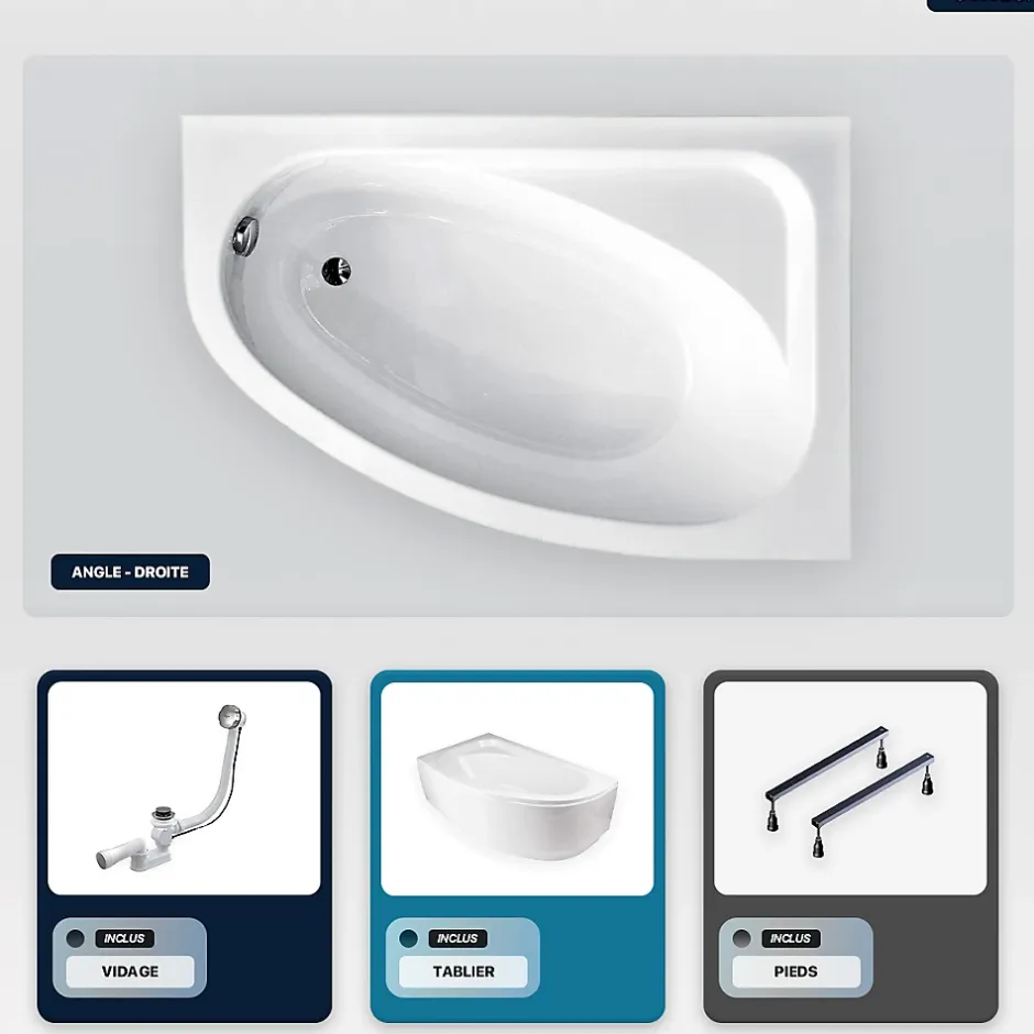 Besco Baignoire asymétrique - 150 x 100 cm - Droite - avec Tablier Blanc - Pieds - Vidage Chrome - CORNEA* Baignoire Asymétrique