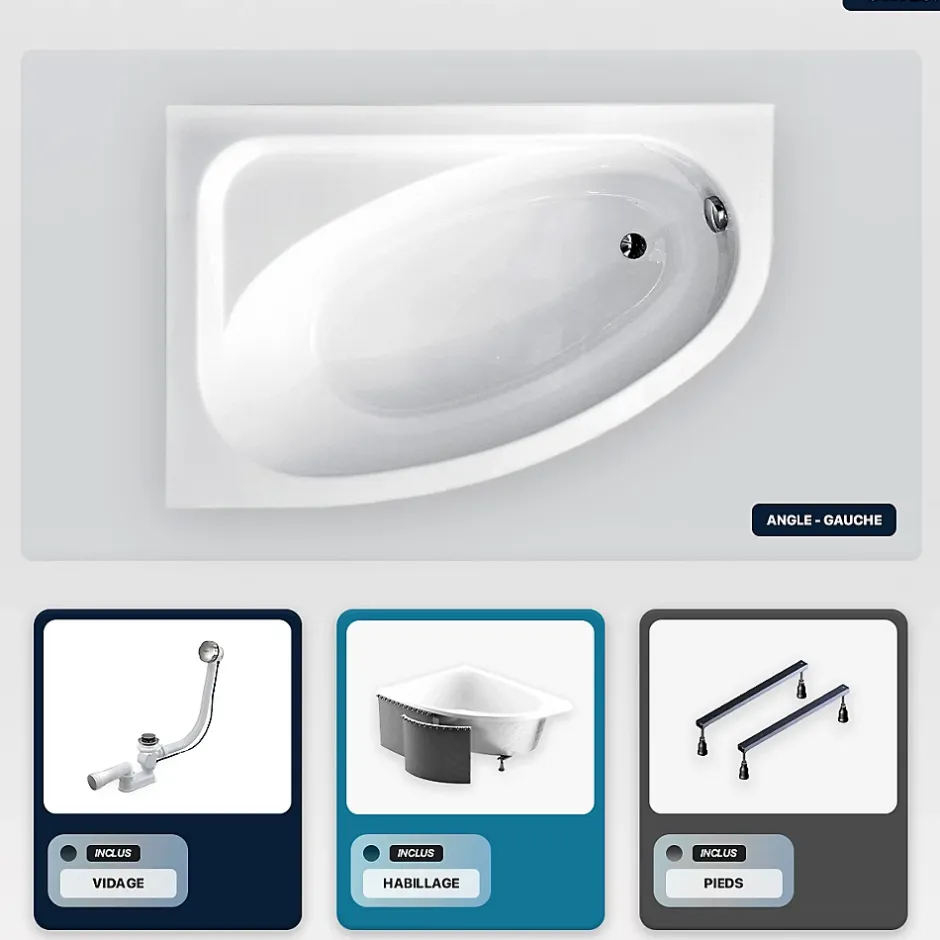 Besco Baignoire asymétrique - 140 x 80 cm - Gauche - avec Habillage - Pieds - Vidage Chrome - CORNEA* Baignoire Asymétrique