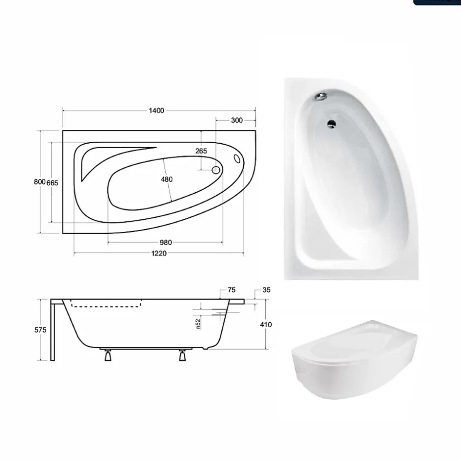 Besco Baignoire asymétrique - 140 x 80 cm - Gauche - avec Habillage - Pieds - Vidage Chrome - CORNEA* Baignoire Asymétrique