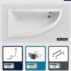 Besco Baignoire asymétrique - 150 x 70 cm - Gauche - avec Habillage - Pieds - Vidage Chrome - PRAKTIKA