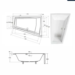 Besco Baignoire asymétrique - 170 x 125 cm - Droite - avec Tablier - Pieds - 2 Repose-têtes - Vidage Chrome - INTIMA DUO