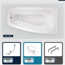 Besco Baignoire asymétrique - 150 x 80 cm - Droite - avec Tablier - Pieds - Vidage Chrome - LUNA* Baignoire Asymétrique