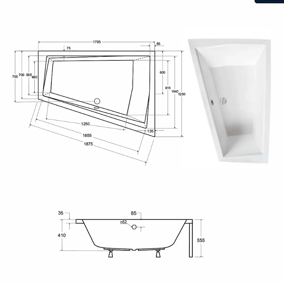 Besco Baignoire asymétrique - 180 x 125 cm - Gauche - avec Pieds - 2 Repose-têtes - Étagère bambou - Vidage Chrome - INTIMA DUO