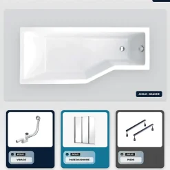 Besco Baignoire asymétrique - 150 x 75 cm - Gauche - sans Habillage - avec Pieds - Pare Baignoire 3 Volets - Vidage Chrome - INTEGRA* Baignoire Asymétrique