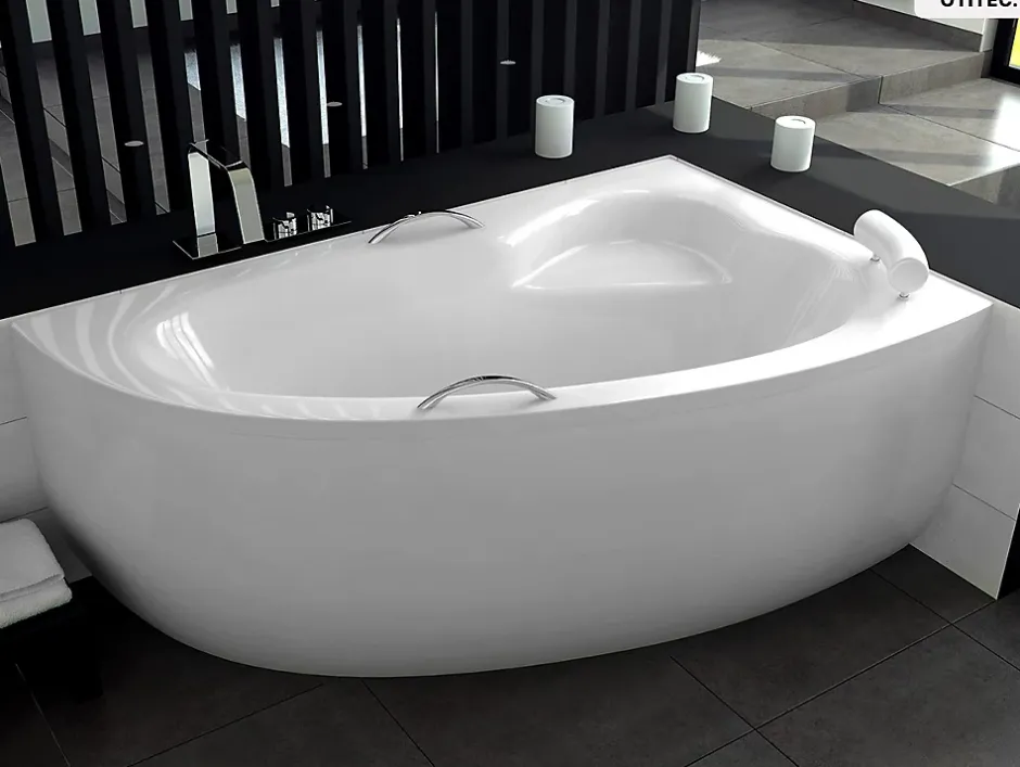 Besco Baignoire asymétrique - 150 x 100 cm - Droite - avec Habillage - Pieds - Vidage Chrome - NATALIA* Baignoire Asymétrique