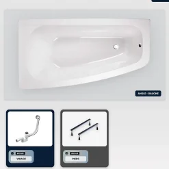Besco Baignoire asymétrique - 150 x 80 cm - Gauche - sans Habillage - avec Pieds - Vidage Chrome - LUNA