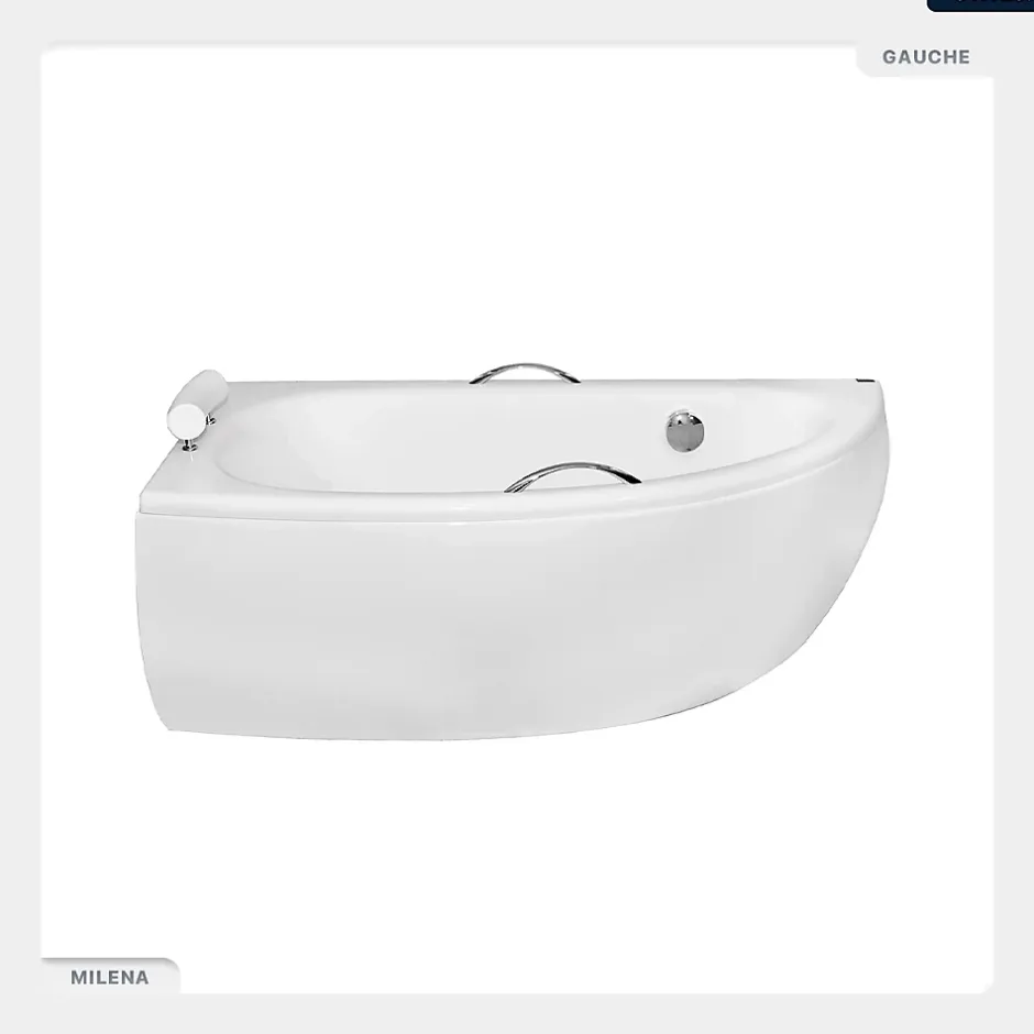 Besco Baignoire asymétrique - 150 x 70 cm - Gauche - avec Habillage - Pieds - Poignées - Repose-tête - Vidage Chrome - MILENA PREMIUM* Baignoire Asymétrique