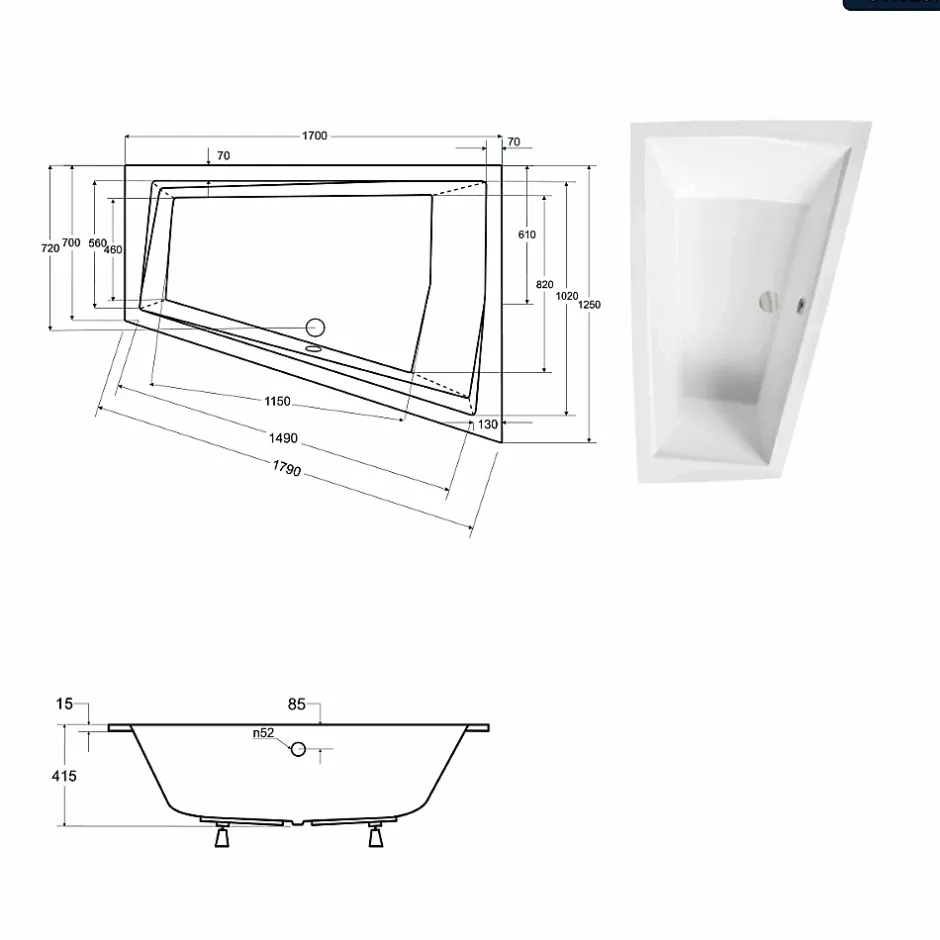 Besco Baignoire asymétrique - 170 x 125 cm - Droite - sans Habillage - avec Pieds - 2 Repose-têtes - Vidage Chrome - INTIMA SLIM