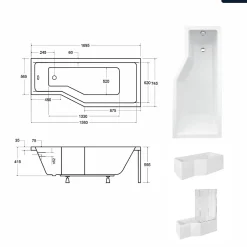 Besco Baignoire asymétrique - 170 x 75 cm - Droite - avec Tablier - Pieds - Vidage Chrome - INTEGRA