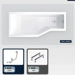 Besco Baignoire asymétrique - 170 x 75 cm - Gauche - sans Habillage - avec Pieds - Vidage Chrome - INTEGRA