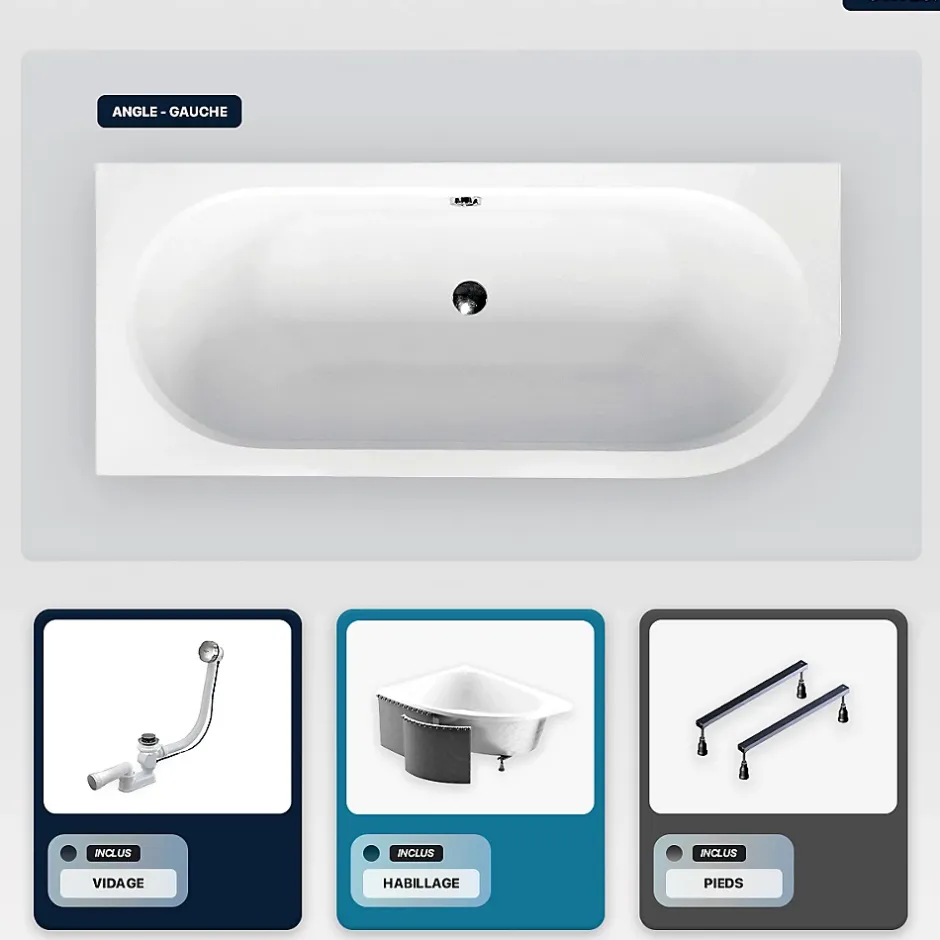 Besco Baignoire asymétrique - 170 x 75 cm - Gauche - avec Habillage - Pieds - Vidage Chrome - AVITA SLIM