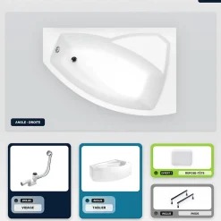 Besco Baignoire asymétrique - 130 x 85 cm - Droite - avec Tablier - Pieds - Repose-tête - Vidage Chrome - RIMA